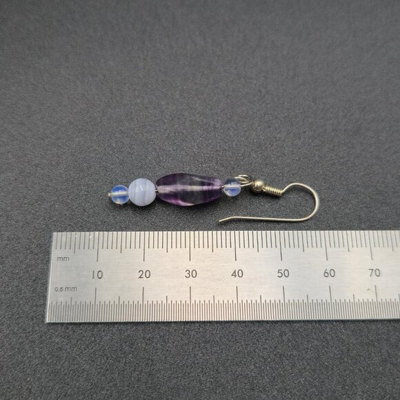 Silver Plated Fluorite And Agate Stones Dangle Earrings A6482 - Picture 4 of 5